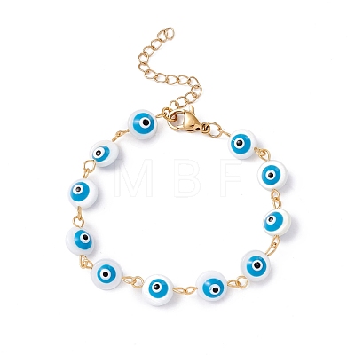 Natural Shell Flat Round with Evil Eye Link Chain Bracelet with Enamel BJEW-C015-21G-1
