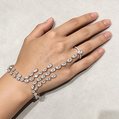 Brass Pave Cubic Zirconia Teardrop Hand Chain Finger Ring Bracelets for Women WGDC1F4-01-1
