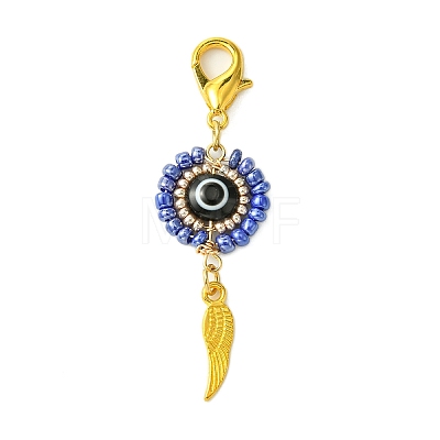 Flat Round with Evil Eye Resin & Glass Seed Pendant Decorations HJEW-MZ00095-02-1