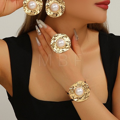 Iron & Plastic Pearl Cuff Bangles & Cuff Rings & Stud Earrings FS-WG5781C-01-1