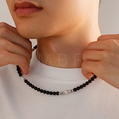 6MM Round Natural Howlite and Frosted Black Stone Beaded Necklaces for Men FQ0489-3-1