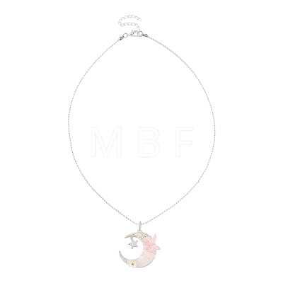Natural Rose Quartz Wire Wrapped Moon with Acrylic Butterfly Pendant 304 Stainless Steel Ball Chain Necklaces NJEW-TA00266-04-1