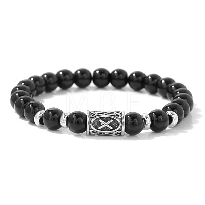 Alloy Nordic Viking Runes 8MM Natural Obsidian Round Beaded Stretch Bracelets KW3210-7-1