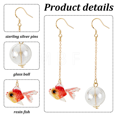 ANATTASOUL 2 Pairs 2 Colors Resin Fish & Glass Ball Asymmetrical Earrings EJEW-AN0002-32-1