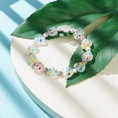 Handmade Millefiori Lampwork & Alloy Heart Beaded Stretch Bracelet BJEW-JB08042-04-1