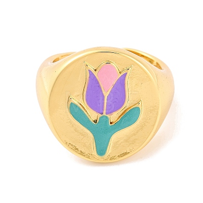 Round with Tulip Brass Enamel Open Cuff Rings RJEW-U009-05C-G-1