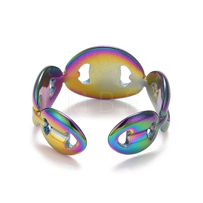 Rainbow Color Ion Plating(IP) 304 Stainless Steel Coffee Bean Open Cuff Ring for Women RJEW-A005-30MC-1