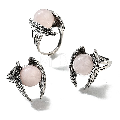 Natural Rose Quartz Wings Adjustable Rings RJEW-K241-04AS-13-1