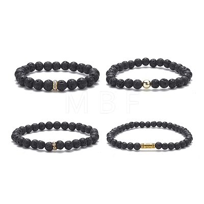 4Pcs 4 Style Column & Round & Flat Round Alloy & Natural Lava Rock & Synthetic Hematite Beaded Stretch Bracelets Set for Women BJEW-JB09366-1