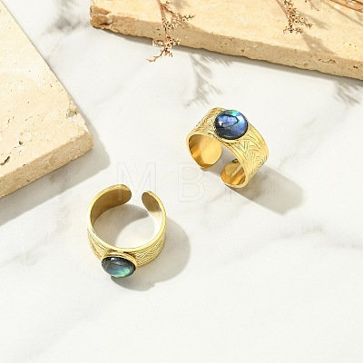 Paua Shell Round 304 Stainless Steel Cuff Open Rings for Women RJEW-JR01070-1