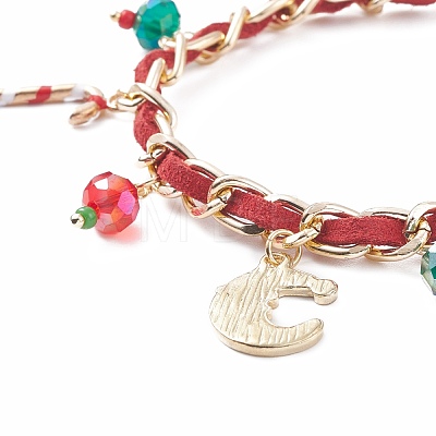Christmas Candy Cane & Reindeer & Moon Alloy Charm Bracelet with Glass Beads BJEW-TA00090-02-1