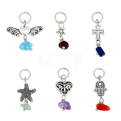 6 Sets 6 Styles Chakra Natural & Synthetic Mixed Stone Chips Alloy Pendants FIND-FH0006-29-1