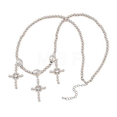 Brass Micro Pave Clear Cubic Zirconia Cross Pendant Round Beaded Bib Necklaces for Women NJEW-F364-04P-1
