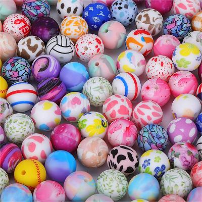 Printed Round with Clover Pattern Silicone Focal Beads SI-JX0056A-178-1