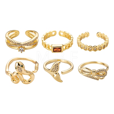 6Pcs 6 Styles Adjustable Brass Micro Pave Clear Cubic Zirconia Cuff Rings RJEW-LS0001-21G-1