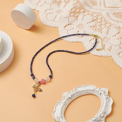 Colorful Cubic Zirconia Butterfly Pendant Necklace with Natural Mixed Gemstone Beaded Chains for Women NJEW-JN04169-1