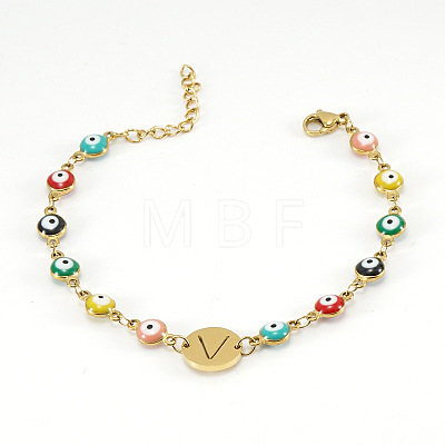 Colorful 304 Stainless Steel & Evil Eye Enamel Flat Round Link Bracelets FS-WGB13F5-22-1