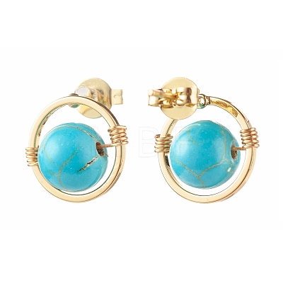 Synthetic Turquoise Round Beads Stud Earrings for Girl Women EJEW-JE04666-05-1