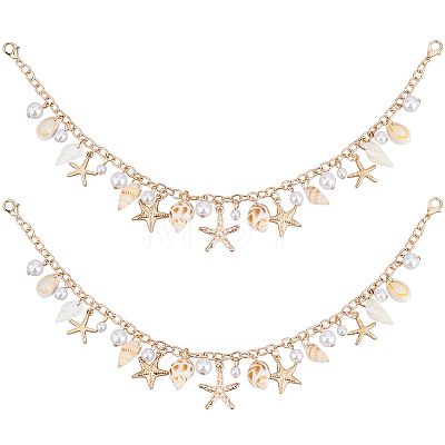 2Pcs Bohemian Starfish Alloy & Natural Shell Tassel Bag Decorative Chains AJEW-BBC0001-13-1