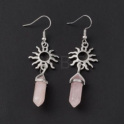 Natural Rose Quartz Bullet with Sun Dangle Earrings EJEW-I276-01P-19-1