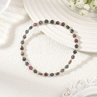 Natural Red Corundum/Ruby and Sapphire Faceted Beaded Stretch Bracelets for Women BJEW-JB14254-1