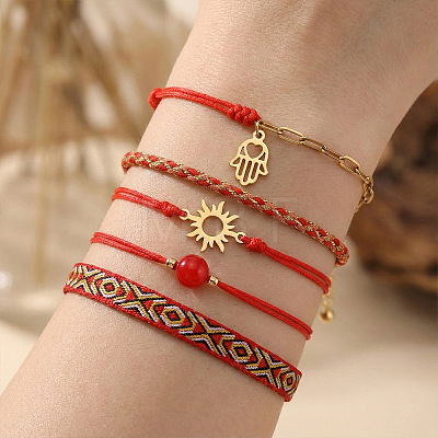 5Pcs 5 Styles Braided Nylon Thread Bracelet & 304 Stainless Steel Link & Charm Bracelets & Glass & Seed Bead Braided Bead Bracelet Set for Women KZ3324-6-1