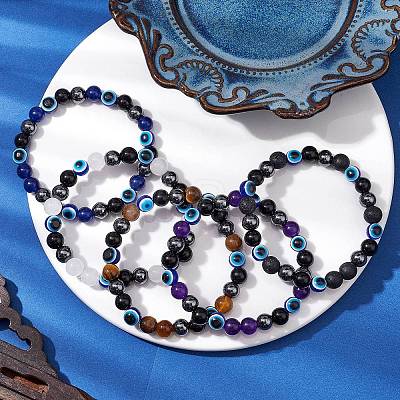 Round Gemstone Beaded Stretch Bracelets BJEW-JB11005-1