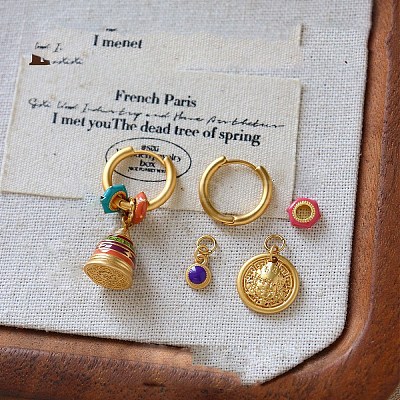 Brass Enamel Bell & Flat Round Hoop Dangle Earrings WG847A7-01-1
