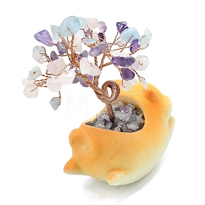 Natural Mixed Gemstone Chips Tree of Life Decorations with Cat Display Decorations DJEW-K025-03C-1