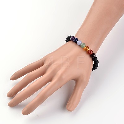 Chakra Natural Black Agate(Dyed) Beaded Stretch Bracelets BJEW-JB02225-02-1