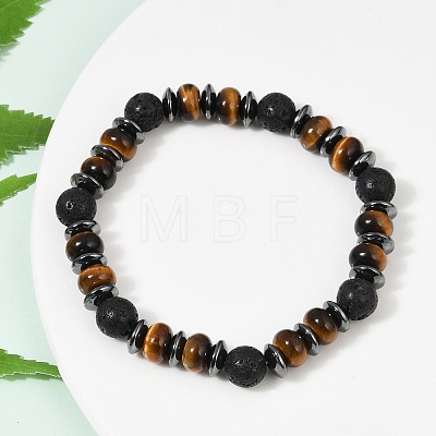 Tiger Eye with Hematite Partition and Lava Beaded Stretch Bracelets for Women Men BJEW-Q031-02A-1