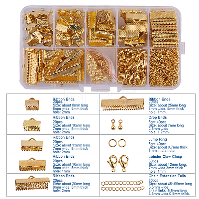 Jewelry Basics Class Kit Gold Lobster Clasp Jump Rings Alloy Drop End Pieces Ribbon Ends Twist Extender Chains Mix 10 Style Lots in In A Box FIND-PH0003-01G-1