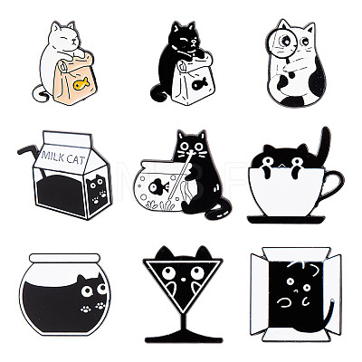 DICOSMETIC 9Pcs 9 Styles Cat Enamel Pins JEWB-GO0001-08-1