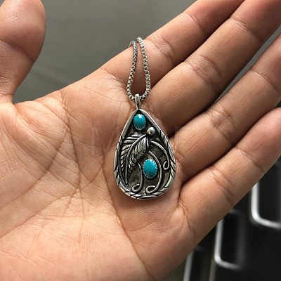Alloy Resin Imitation Turquoise Teardrop with Feather Pendant Necklaces WG61DB0-01-1