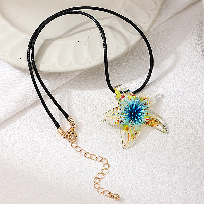 Summer Beach Starfish Transparent Glass Pendant Black Waxed Cord Necklaces for Women FS-WG29C72-01-1