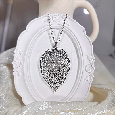 Vintage Alloy Crystal Rhinestone Hollow Leaf Pendant Necklaces for Women ET3744-1