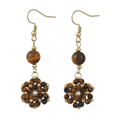 Natural Tiger Eye and Shell Pearl Braided Dangle Earrings EJEW-MZ00789-03-1