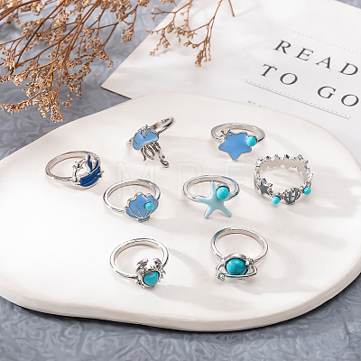 9Pcs Ocean Alloy Enamel Finger Rings Set WGEDDBB-01-1