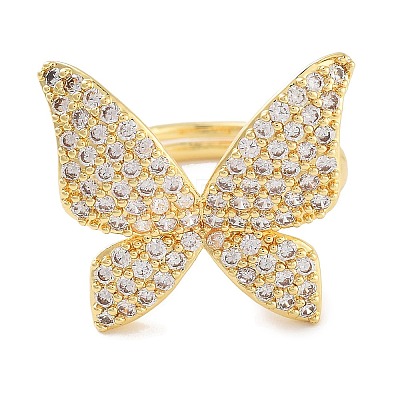 Butterfly Rack Plating Brass Micro Pave Cubic Zirconia Adjustable Rings for Women RJEW-Z059-13G-1