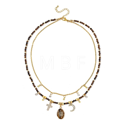 Natural Tiger Eye Oval Pendant Brass Cable Chain Double Layer Necklaces for Women NJEW-JN06196-1