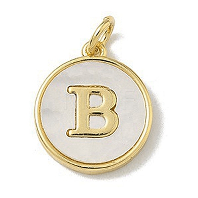 Brass Pave Natural Shell Flat Round with Letter Charms KK-Z115-13G-B-1