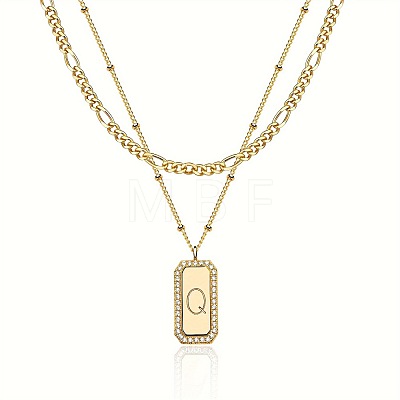 Brass Micro Pave Clear Cubic Zirconia Rectangle with Initial Pendant Double Layer Necklaces for Women FS-WG478B5-17-1