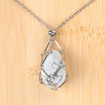 Natural Howlite Easter Egg Cage Pendant 304 Stainless Steel Cable Chain Necklaces FS-WGA333C-14-1