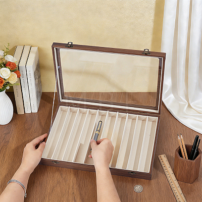 10 Grids Rectangle Wooden Dustproof Pen Presentation Boxes with Visible Window Lid CON-WH0089-250-1