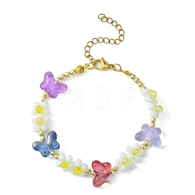 Flower & Butterfly Glass Beaded Bracelet with 304 Stainless Steel Clasps BJEW-JB09585-1