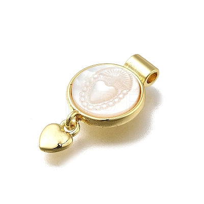 Brass Pave Natural White Shell Flat Round with Heart Pendants KK-C090-37G-05-1