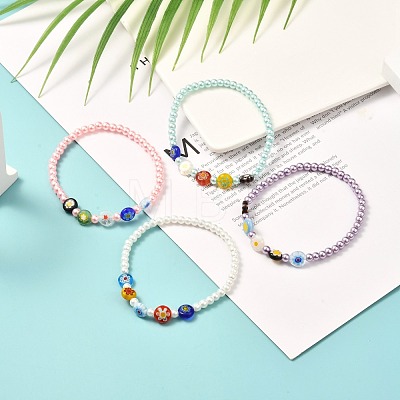 Millefiori Flat Round Beads Stretch Bracelet for Teen Girl Women BJEW-JB06934-1
