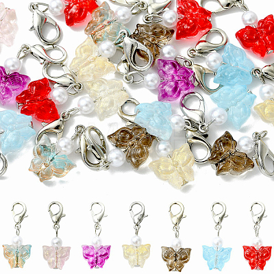 20Pcs Transparent Glass & ABS Plastic Pearl Butterfly Pendant Decorations HJEW-YW00269-1