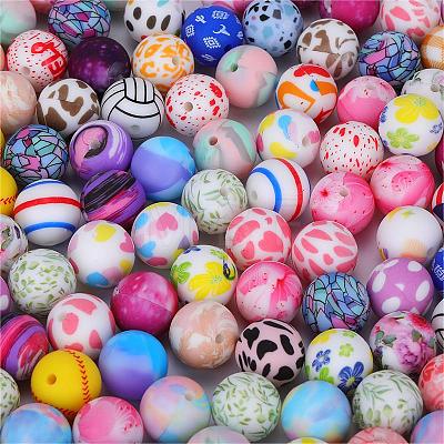 Printed Round with Flower Pattern Silicone Focal Beads SI-JX0056A-169-1