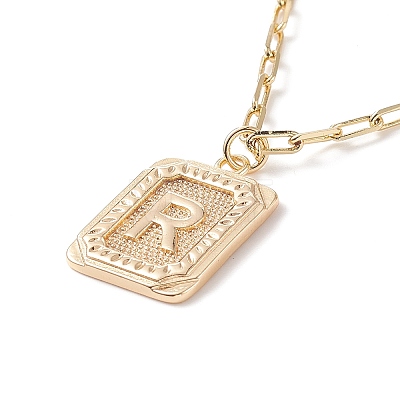 Brass Rectangle with Initial Letter Pendant Necklace with Paperclip Chains for Men Women NJEW-JN04007-1